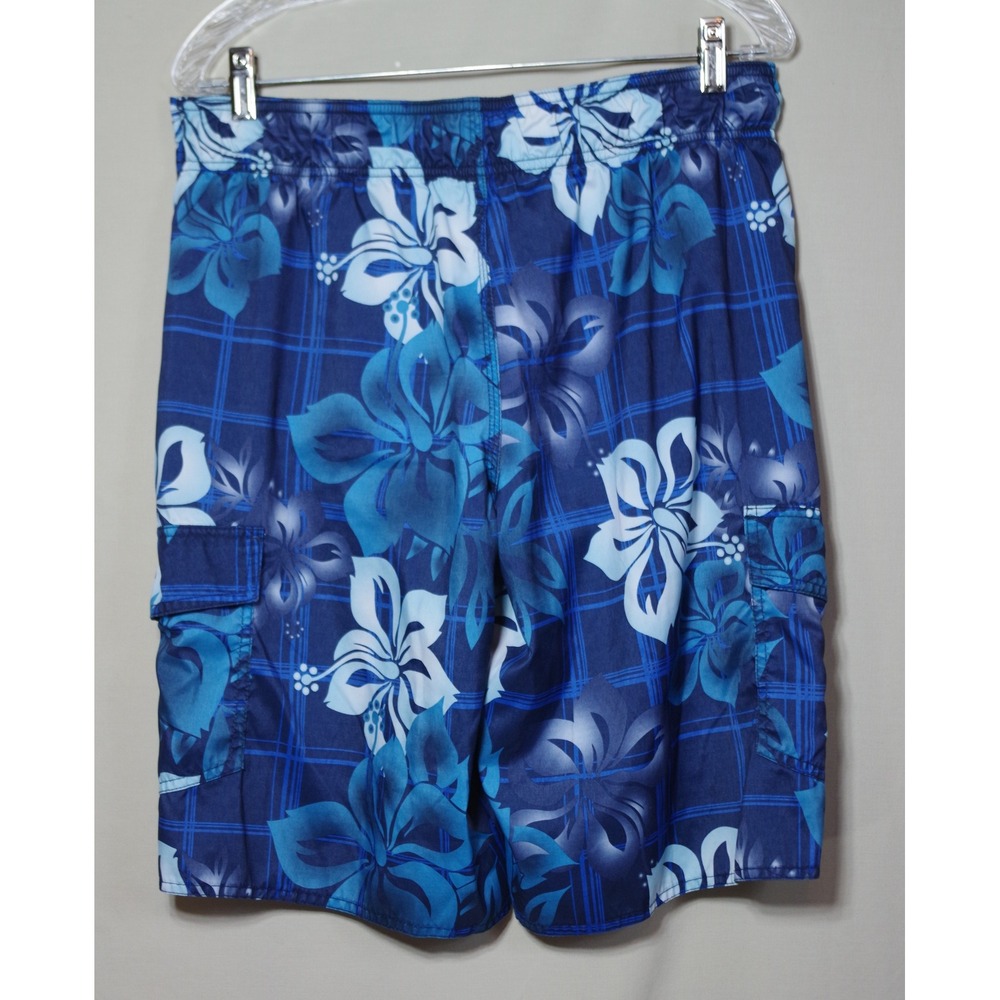 Hang Ten Men's Medium Blue Hibiscus Floral Plaid Cargo Swim Trunks Board Shorts - Picture 3 of 4